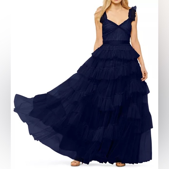 BCBGMaxAzria Dresses & Skirts - BCBGMAXAZRIA Evening Ruffled Gown, navy tiered tulle